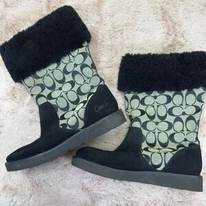 Coach signature monogram winter boots with black suede and cozy shearling cuff